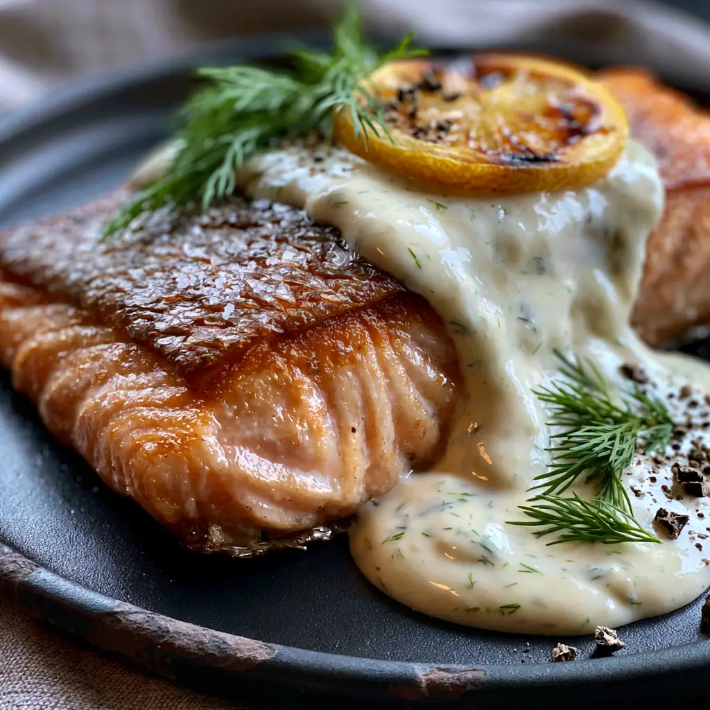 Seared Salmon with Lemon Dill Sauce: The Secret to Shattered-Glass Crispy Skin 1 A side view of the salmon fillet showing the moist pink gradient and thick lemon dill sauce cascade.
