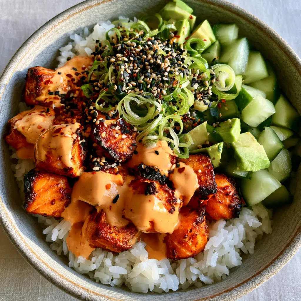Full view of a spicy salmon bowl featuring avocado, cucumbers, and scallion curls on a neutral linen background.