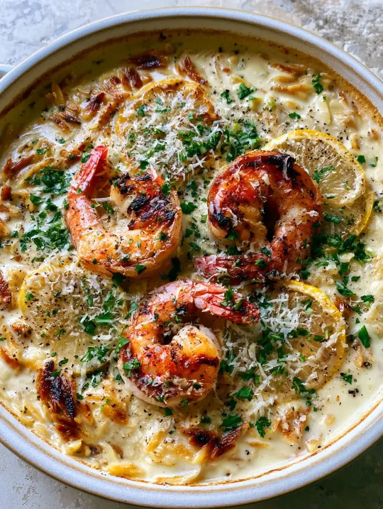 Shrimp Orzo with a Velvety Lemon Garlic Cream Sauce 1 Detailed view of seared jumbo shrimp with black char marks resting on a bed of lemon garlic orzo.