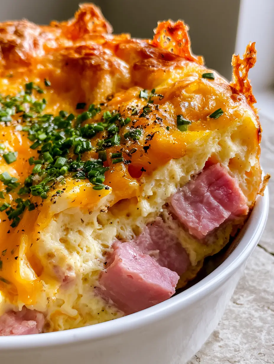 Ham, Egg, and Cheese Casserole: The Ultimate Fluffy Soufflé-Style Brunch Bake 4 Extreme macro side-view of a Ham, Egg, and Cheese Casserole slice showing the light soufflé interior and ham cubes.