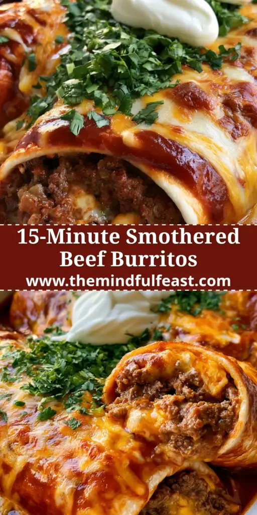 Ground beef burritos: The Ultimate Smothered and Cheesy Oven-Baked Recipe 4 A stack of three smothered ground beef burritos in a white dish with melted cheese and red sauce.