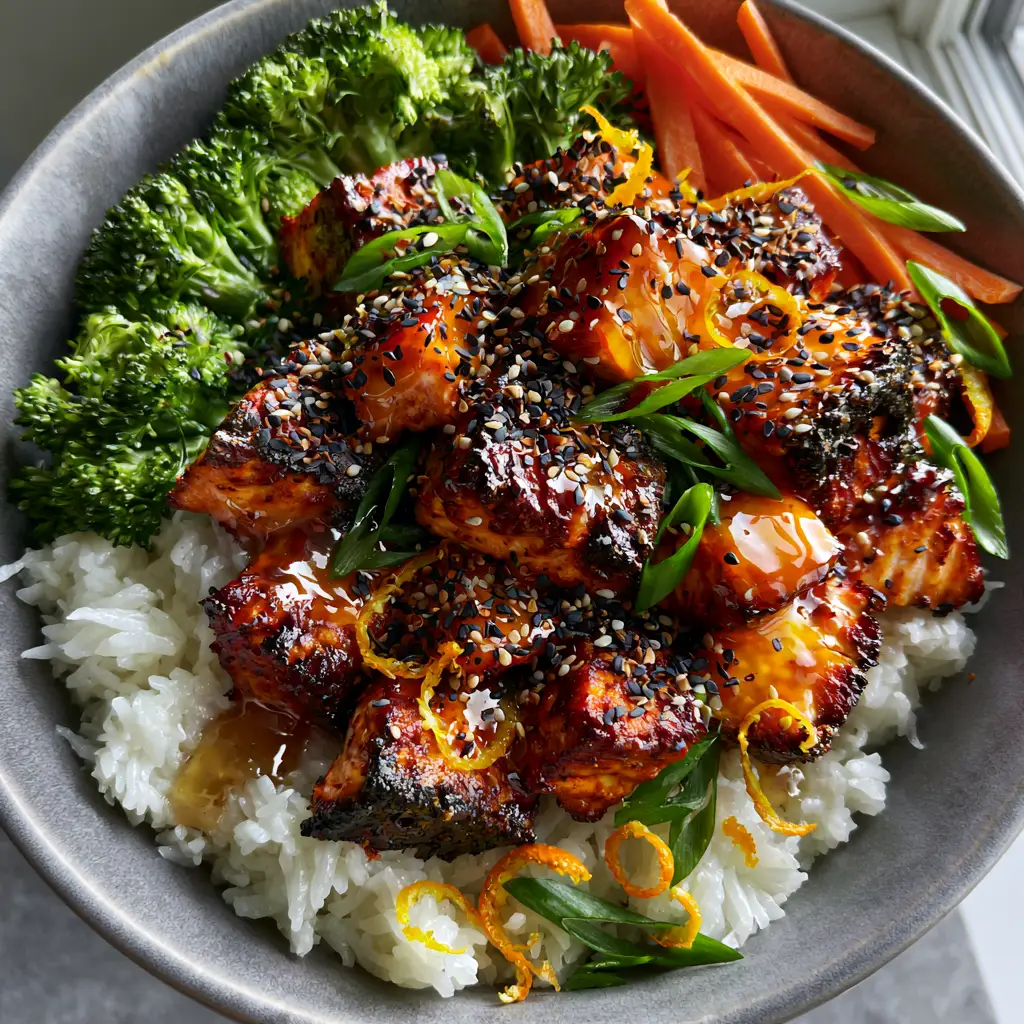 Crispy Orange Salmon Bowls with Sticky Citrus Glaze 2 Close up of air-fried salmon cubes with charred edges and a thick amber orange glaze. (Crispy Orange Salmon Bowls)
