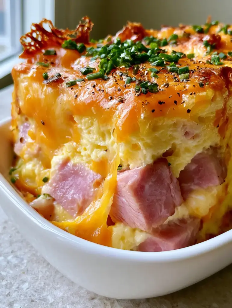 Ham, Egg, and Cheese Casserole: The Ultimate Fluffy Soufflé-Style Brunch Bake 1 Close up of the bubbling melted sharp orange cheddar crust on a Ham, Egg, and Cheese Casserole.