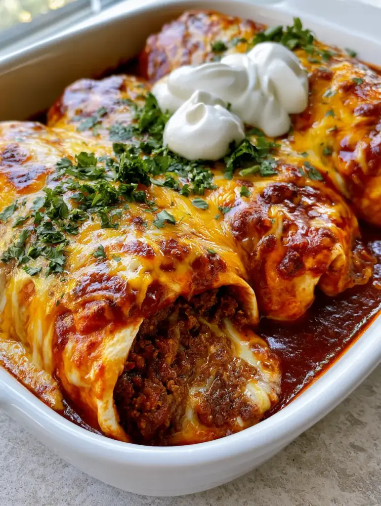 Ground beef burritos: The Ultimate Smothered and Cheesy Oven-Baked Recipe 1 High-angle shot of three large flour burritos smothered in red sauce and toasted cheese bubbles.