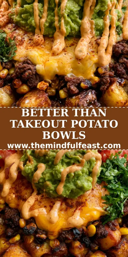 A high-angle photo of a loaded potato taco bowl featuring blistered potatoes, melted cheddar, and a messy crema drizzle. (loaded potato taco bowl)