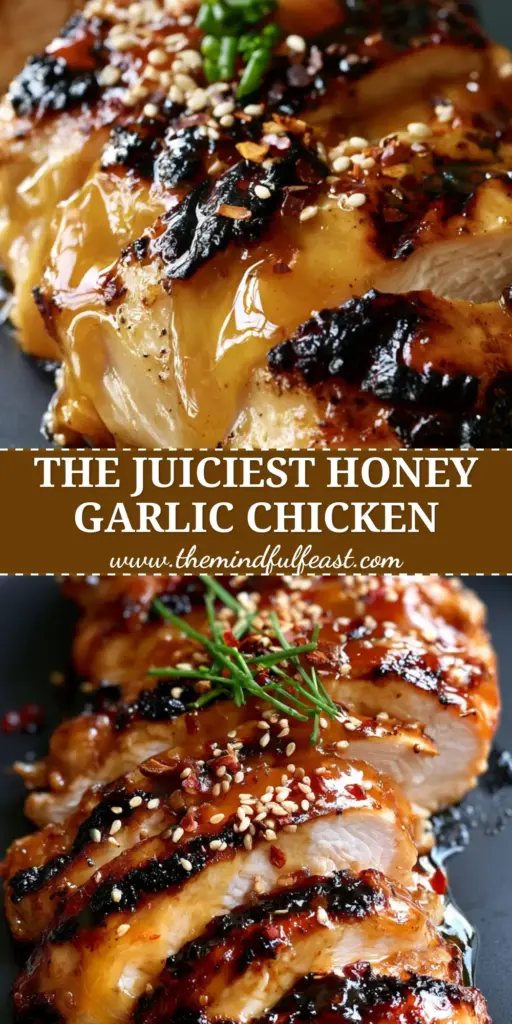 A top-down Pinterest-style shot of sliced grilled chicken with thick honey garlic glaze and sesame seeds on a black plate. (grilled chicken)