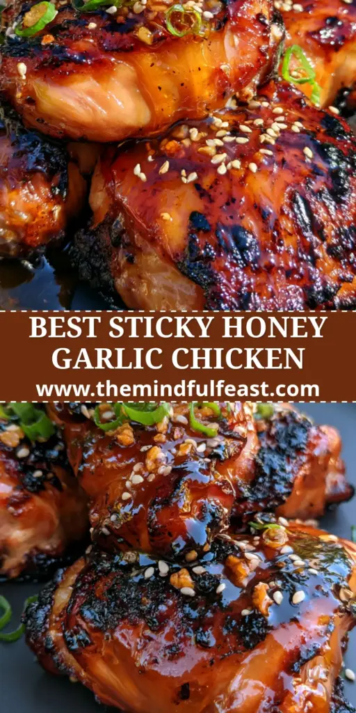 Honey Garlic Grilled Chicken Thighs with a Sticky Amber Glaze 3 Three succulent Honey Garlic Grilled Chicken Thighs with dark char marks and a dripping amber glaze on a dark platter.
