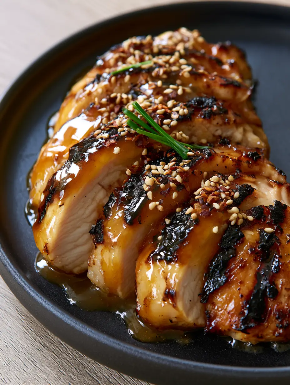 Extreme close-up macro shot of sliced grilled chicken breast drenched in translucent honey garlic glaze with charred marks and sesame seeds. (grilled chicken)