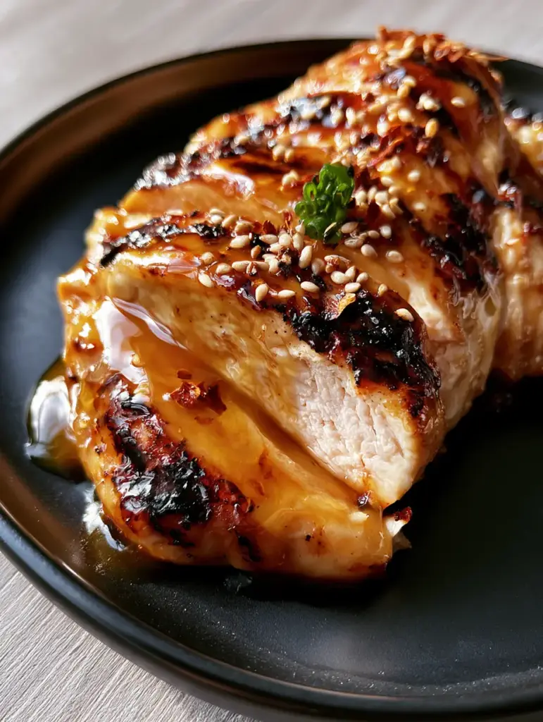 Close-up of grilled chicken showing deep charred grill marks and vibrant green scallion garnish on a matte black plate.