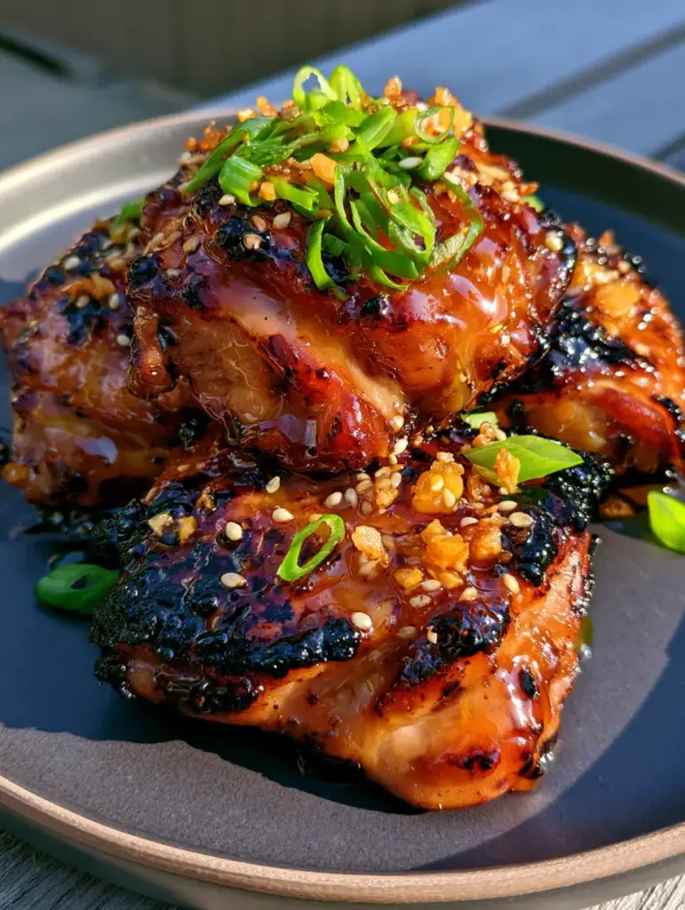 Honey Garlic Grilled Chicken Thighs with a Sticky Amber Glaze 1 Handheld photo of Honey Garlic Grilled Chicken Thighs on a wooden outdoor table in natural light.