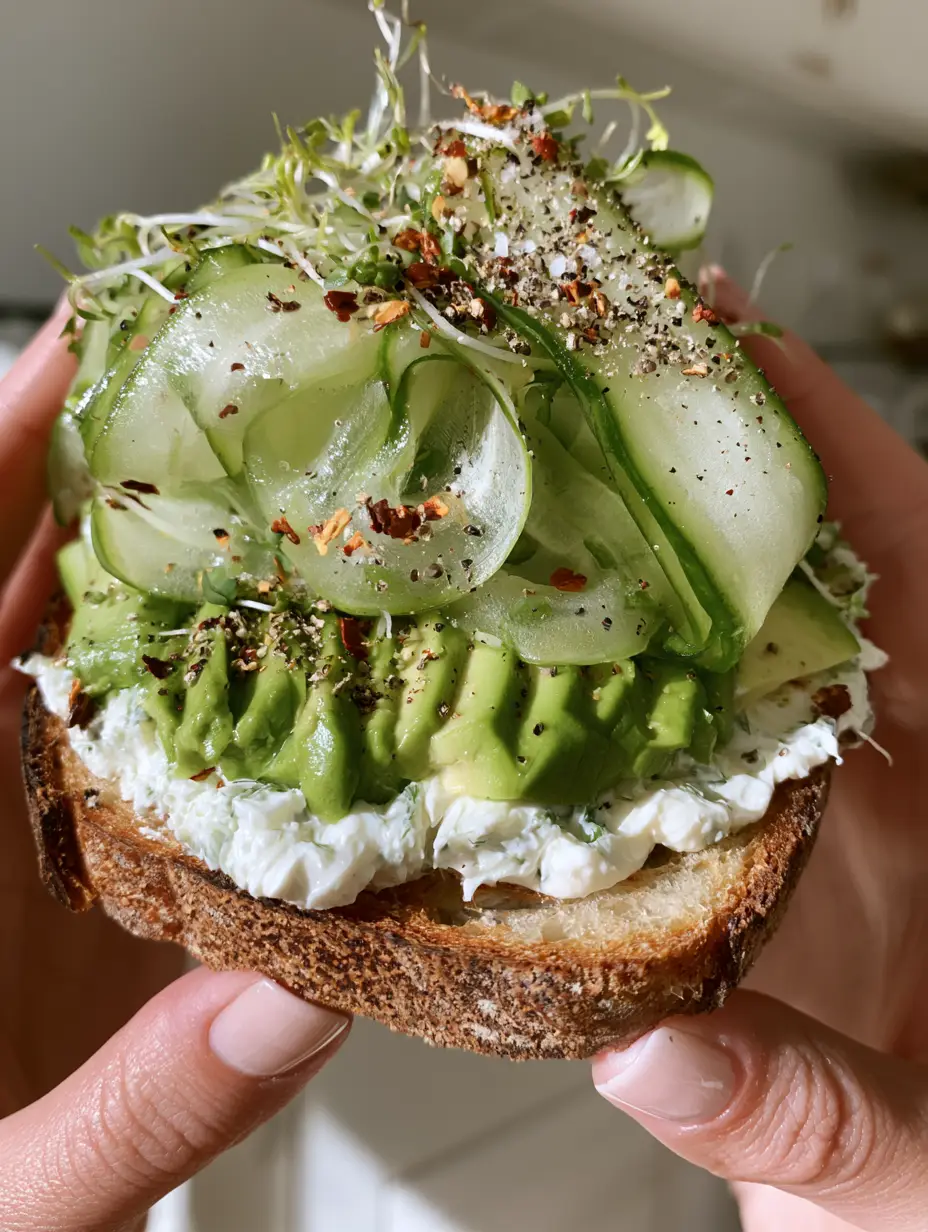 Close up view of the Cucumber and Avocado Sandwich showing the layers of fanned avocado and red pepper flake garnish.
