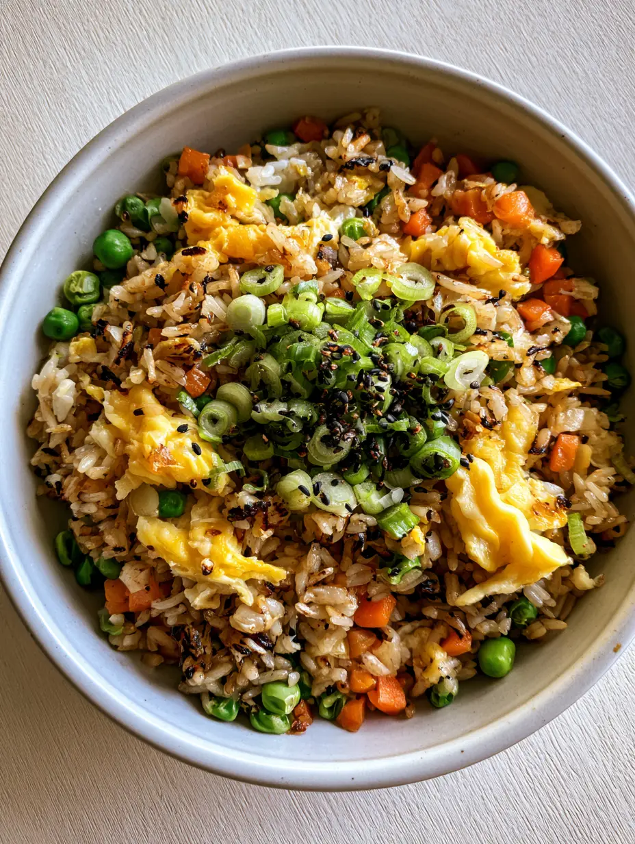 Egg Fried Rice with Golden Toasted Grains and Fluffy Egg Ribbons 3 Close-up of egg fried rice showing individual toasted jasmine rice grains with visible char marks and fluffy bright yellow egg ribbons.
