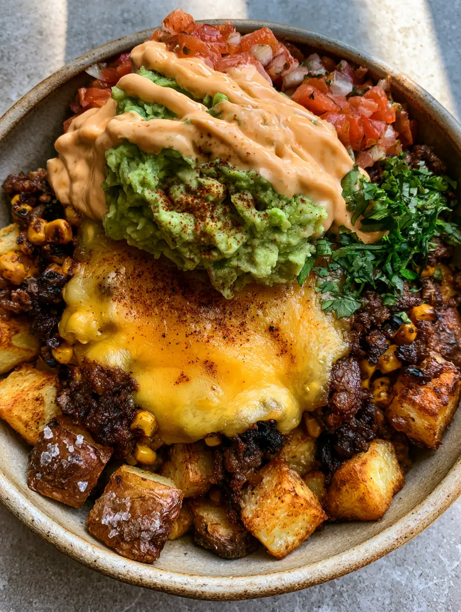 Close-up of golden roasted potato cubes and seasoned beef in a rustic bowl. (loaded potato taco bowl)