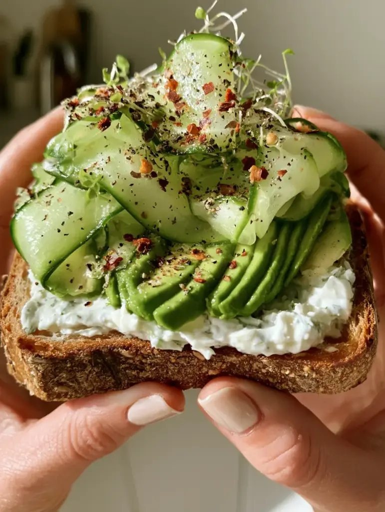 Side view of the Cucumber and Avocado Sandwich highlighting the paper-thin cucumber ribbons and micro-sprouts.
