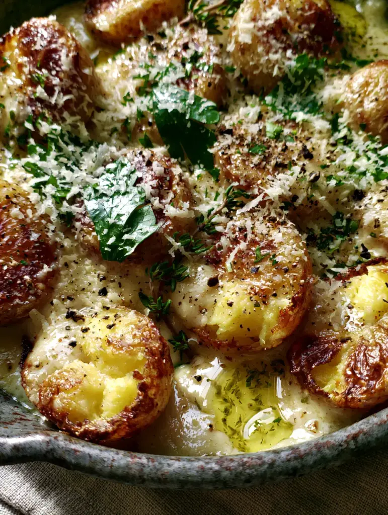 Creamy Garlic Baby Potatoes with Crispy Golden Skins and Herb Butter 2 Macro shot of halved baby potatoes with golden-brown crispy edges in a rustic dark grey pan with thick garlic cream sauce. (creamy garlic baby potatoes)