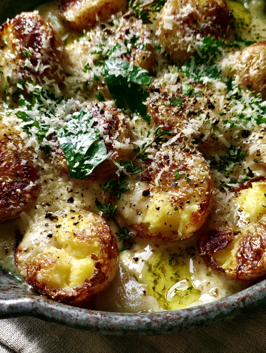 Creamy Garlic Baby Potatoes with Crispy Golden Skins and Herb Butter 4 Macro shot of halved baby potatoes with golden-brown crispy edges in a rustic dark grey pan with thick garlic cream sauce. (creamy garlic baby potatoes)