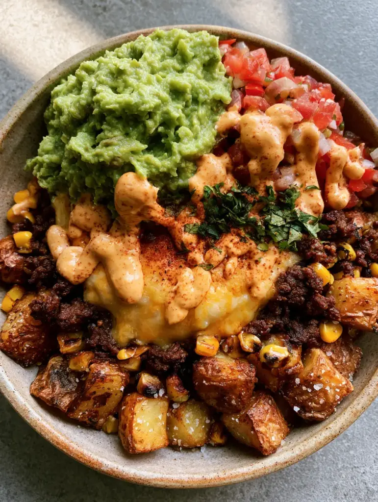 Loaded potato taco bowl topped with chunky guacamole, vibrant pico de gallo, and chipotle crema.