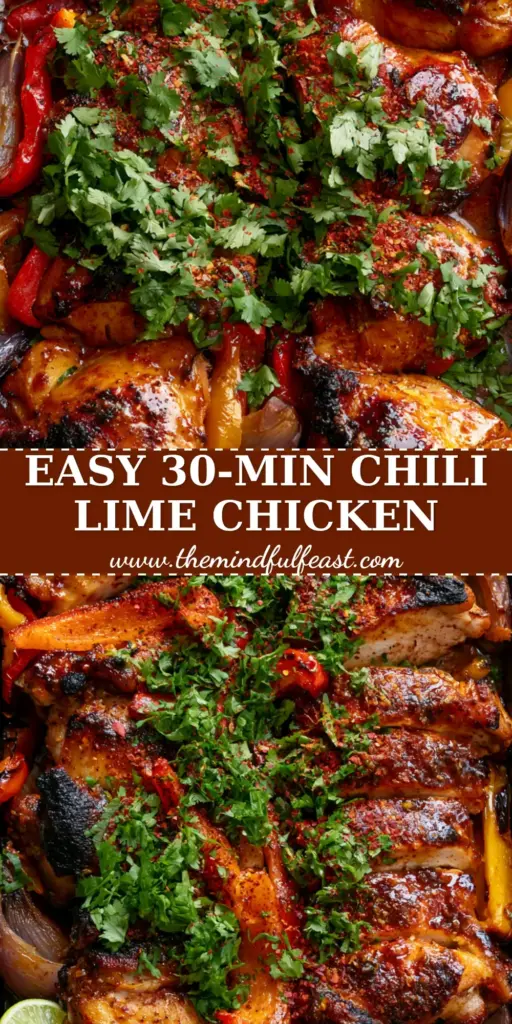 A rustic dark metal sheet pan filled with sliced chili lime chicken thighs, blistered peppers, and lime halves. (chili lime chicken)