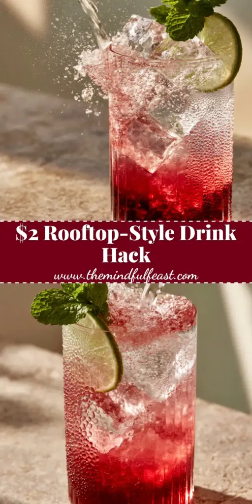 Easy Mixed Drink Recipes: The Sparkling Pomegranate Mint Spritzer 4 A dynamic action shot of a layered pomegranate spritzer in a ribbed glass with mint and lime garnishes. (easy mixed drink recipes)