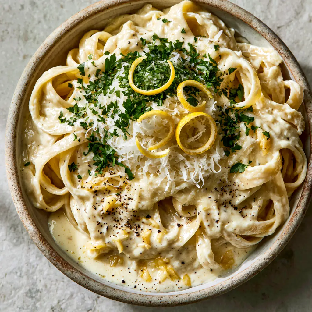 Quick Pasta Recipes: The Ultimate Creamy Garlic Fettuccine with Lemon Zest 2 Extreme close-up of thick fettuccine in a glossy ivory garlic cream sauce with parsley and pepper. (quick pasta recipes)
