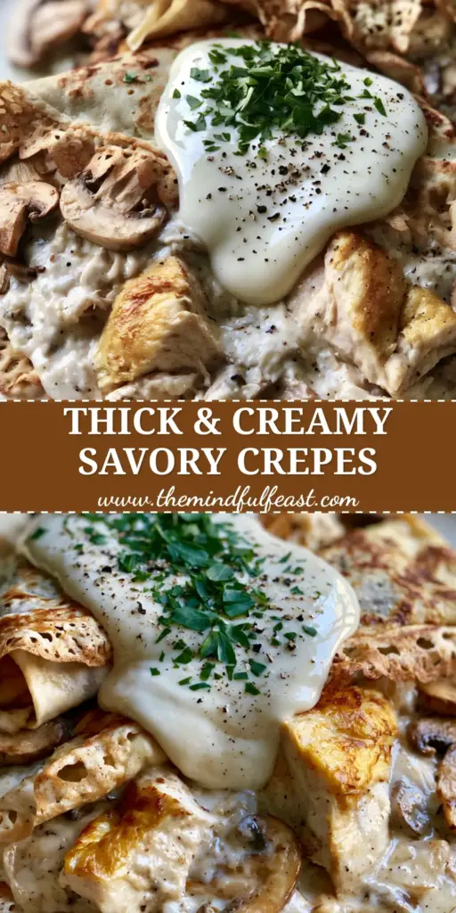 The Ultimate Crêpes au Poulet Recipe: Creamy French Chicken & Mushroom Crepes 4 A close-up of two elegantly folded French savory crepes with golden-brown lacy edges and thick garlic cream sauce. (Crêpes au Poulet recipe)