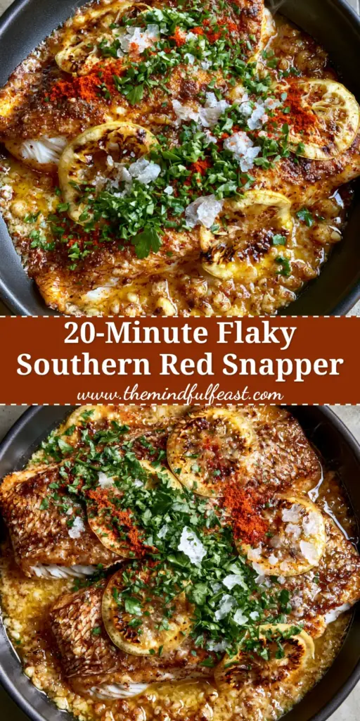 Red Snapper Recipe with Crispy Skin and Lemon Garlic Butter Sauce 4 A top-down photo of two pan-seared red snapper fillets in a black bowl with lemon garlic butter sauce and charred lemons. (red snapper recipe)