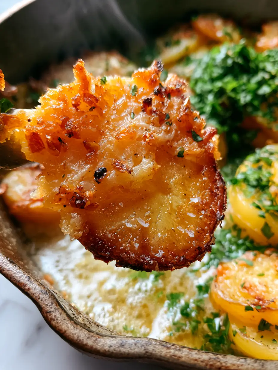 Macro shot of a golden-brown potato butter crisp with toasted garlic bits and fresh parsley.