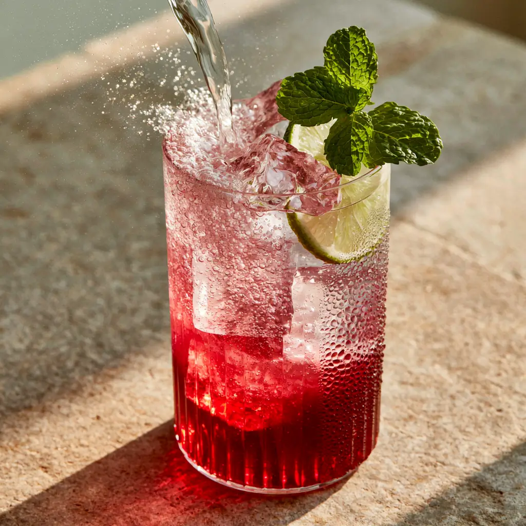 Easy Mixed Drink Recipes: The Sparkling Pomegranate Mint Spritzer 2 Sparkling water being poured into a highball glass with crimson pomegranate syrup at the base. (easy mixed drink recipes)