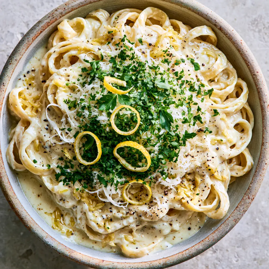 Quick Pasta Recipes: The Ultimate Creamy Garlic Fettuccine with Lemon Zest 1 Rustic ceramic bowl of fettuccine pasta topped with a mountain of microplaned parmesan cheese and lemon zest.