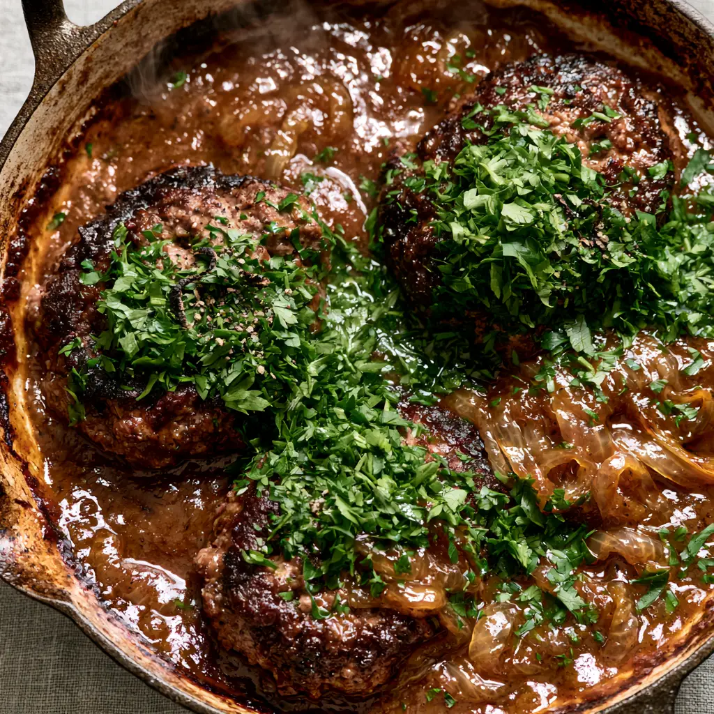 Hamburger Steaks with Glossy Onion Gravy and Charred Edges 2 Close up of juicy hamburger steaks showing dark charred edges and glossy dark brown beef gravy. (hamburger steaks)