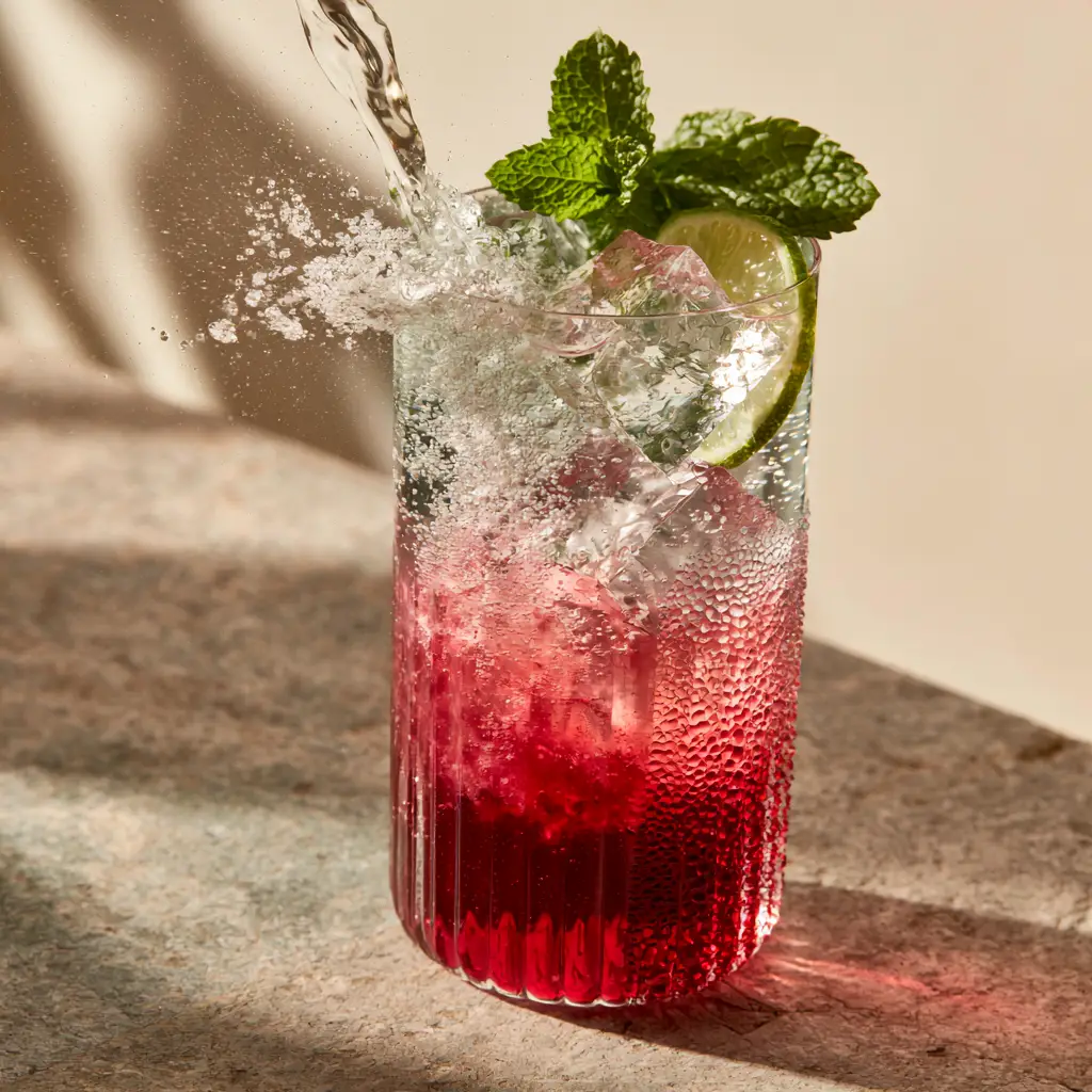 Easy Mixed Drink Recipes: The Sparkling Pomegranate Mint Spritzer 1 Close up of heavy condensation on a ribbed glass containing a pomegranate mint mixed drink.