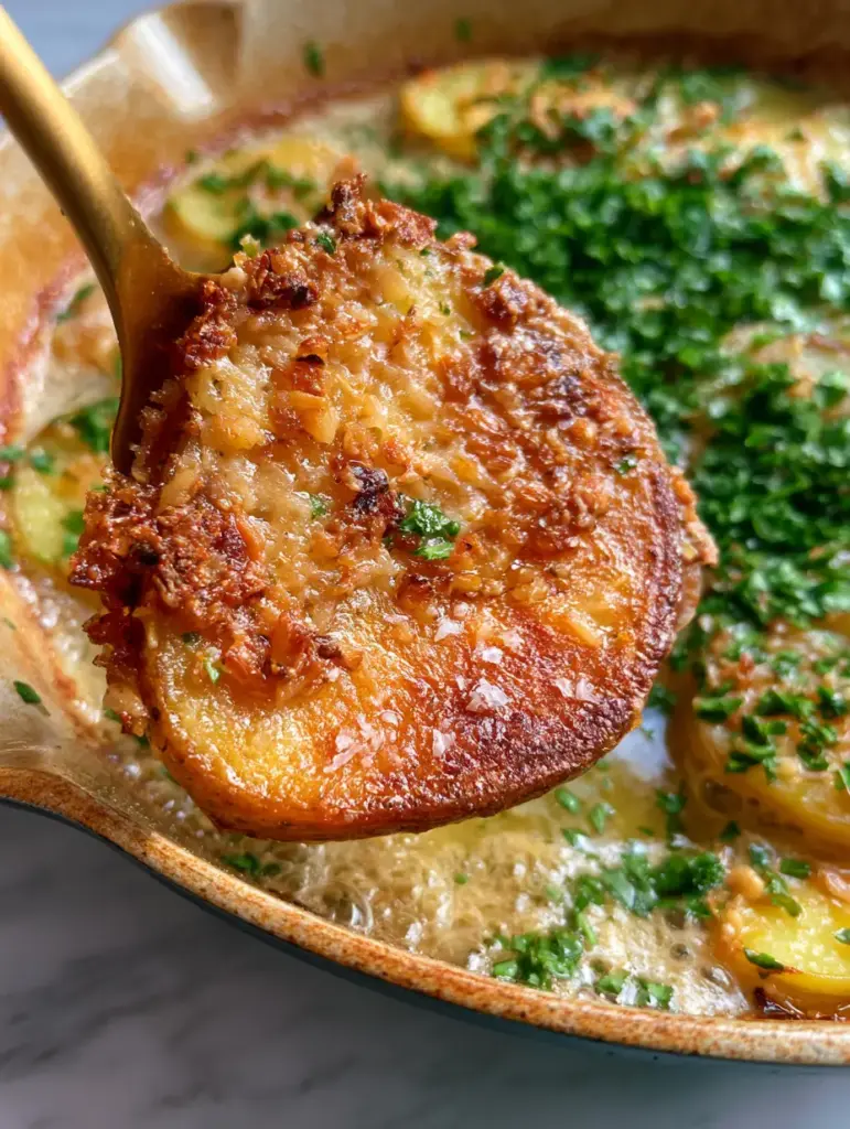 Thinly sliced potatoes frying in bubbling garlic butter in a seasoned cast iron skillet.