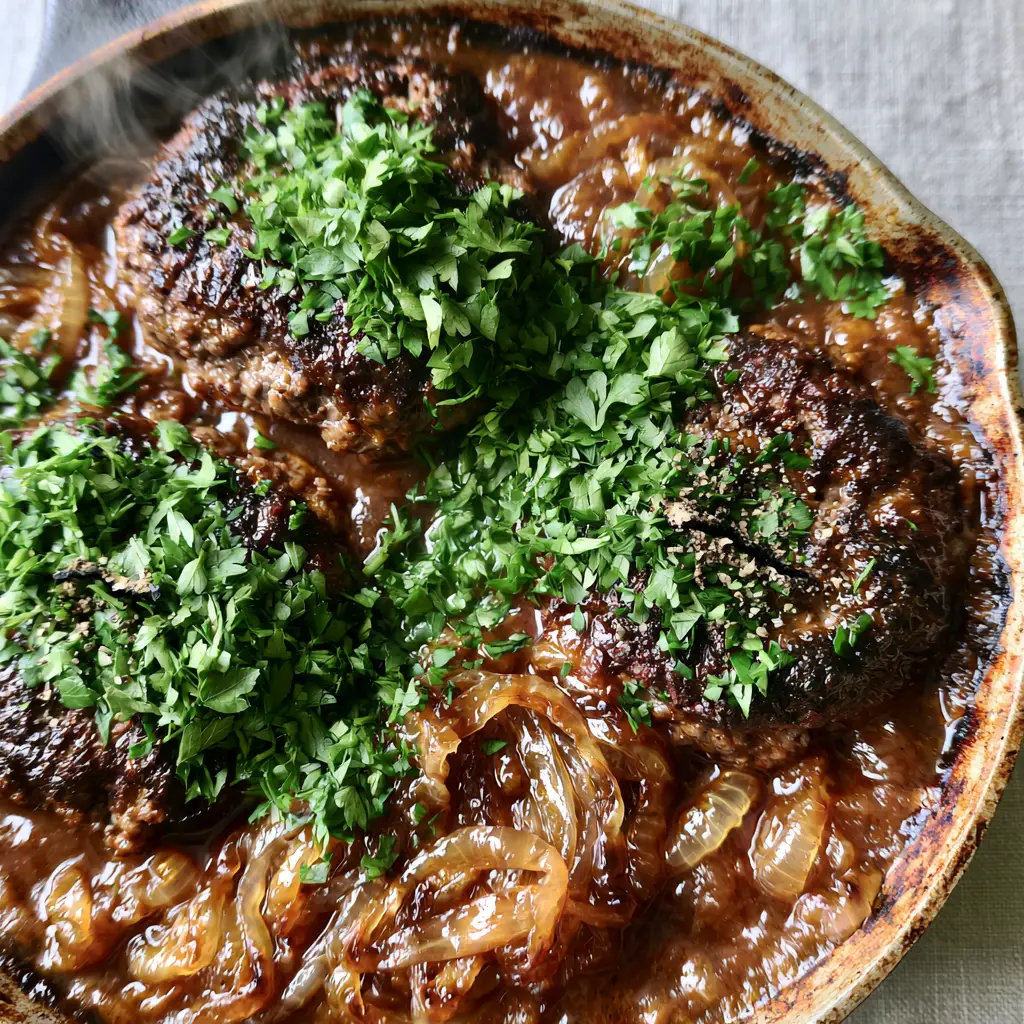 Hamburger Steaks with Glossy Onion Gravy and Charred Edges 1 Three hamburger steaks submerged in glistening onion gravy with coarse black pepper in a cast iron pan.