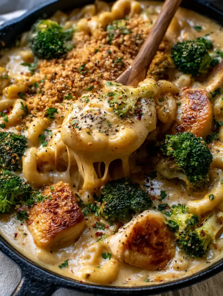 Broccoli Chicken Mac & Cheese: The Ultimate Creamy One-Pan Skillet Meal 1 Angled shot of Broccoli Chicken Mac & Cheese showing toasted panko topping and red chili flake garnish.