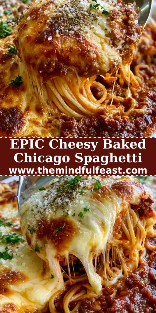 Chicago-style Spaghetti: The Ultimate Baked Comfort Food Guide 3 A close-up of Baked Chicago-style spaghetti in a ceramic dish with a massive cheese pull from a stainless steel spoon, showing golden-brown toasted spots and thick meat sauce.