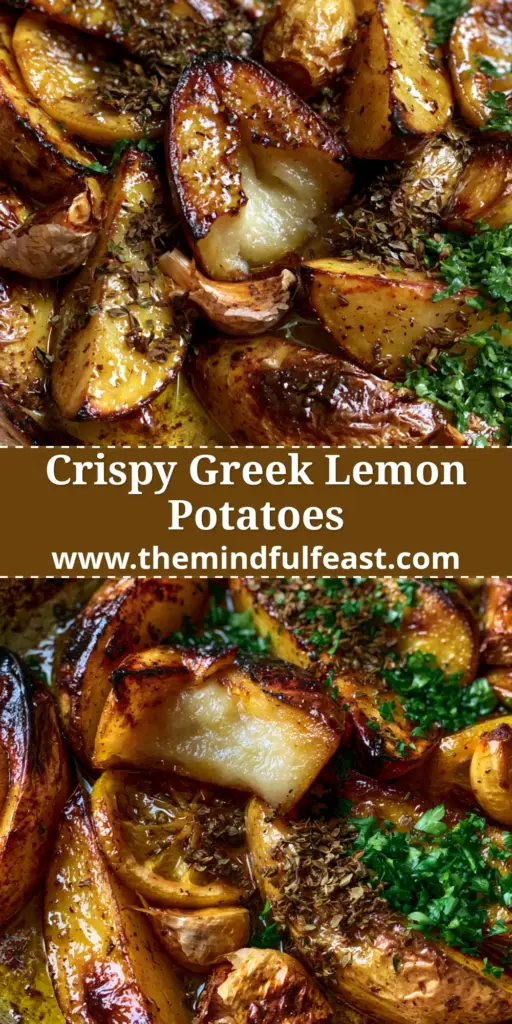 Lemon Roasted Greek Potatoes with Blistered Yukon Gold Wedges 3 A close-up shot of crispy lemon roasted Greek potatoes in a rustic dish with charred edges and caramelized lemons.