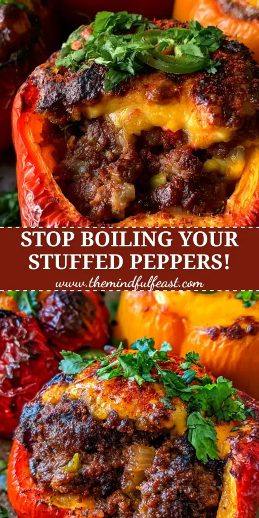 Three vertically roasted red and orange stuffed bell peppers in a rustic stone dish with a thick melted cheese crust and fresh cilantro garnish.