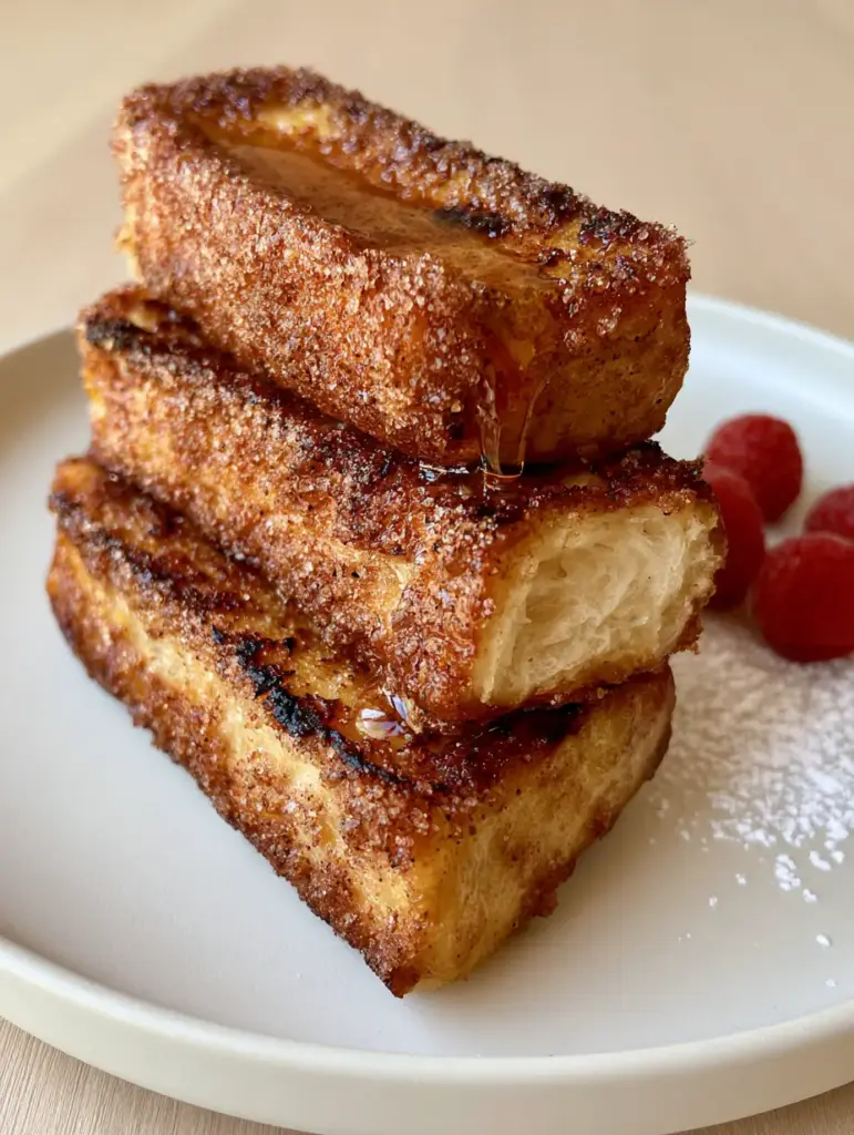 Cinnamon French Toast Sticks: The Ultimate Crispy Caramelized Breakfast 2 Close-up of Cinnamon French Toast Sticks showing sparkling granulated sugar crystals and charred buttery edges.