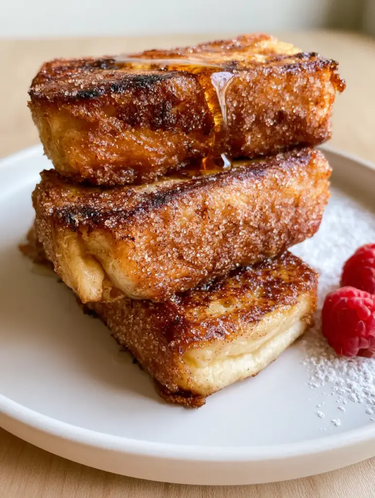 Cinnamon French Toast Sticks: The Ultimate Crispy Caramelized Breakfast 1 A stack of three brioche French toast sticks with a pillowy center visible and fresh raspberries on the side.