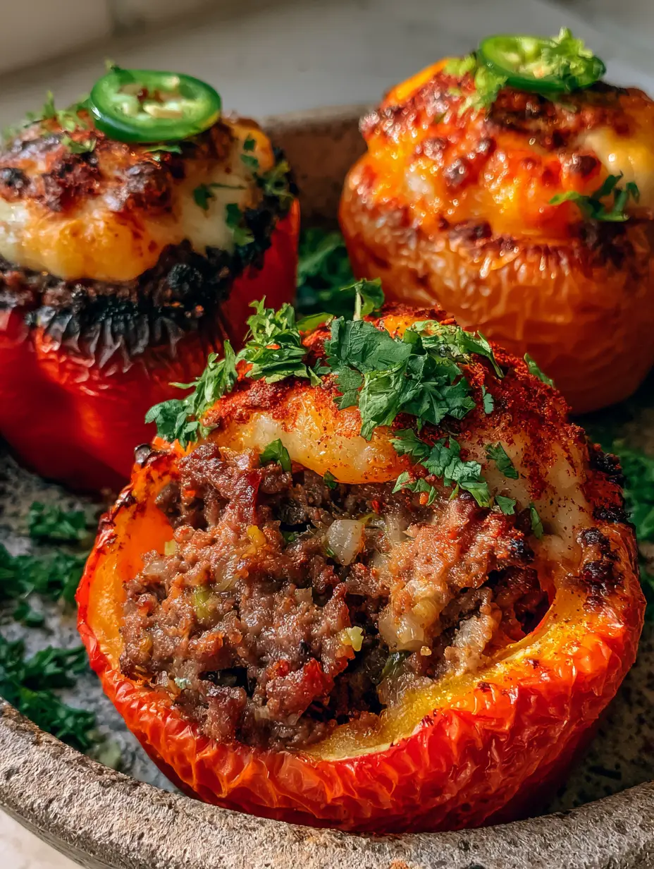 A close-up view of a sliced stuffed bell pepper revealing juicy ground beef and melted Monterey Jack cheese inside a charred red pepper shell.