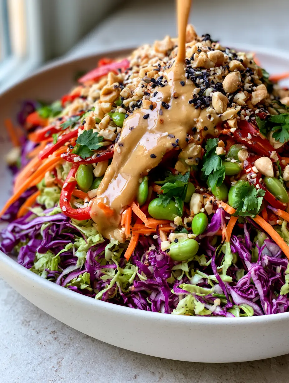 Macro shot of Chinese Cabbage Salad textures, showing glossy amber dressing coating Napa cabbage and golden toasted ramen.