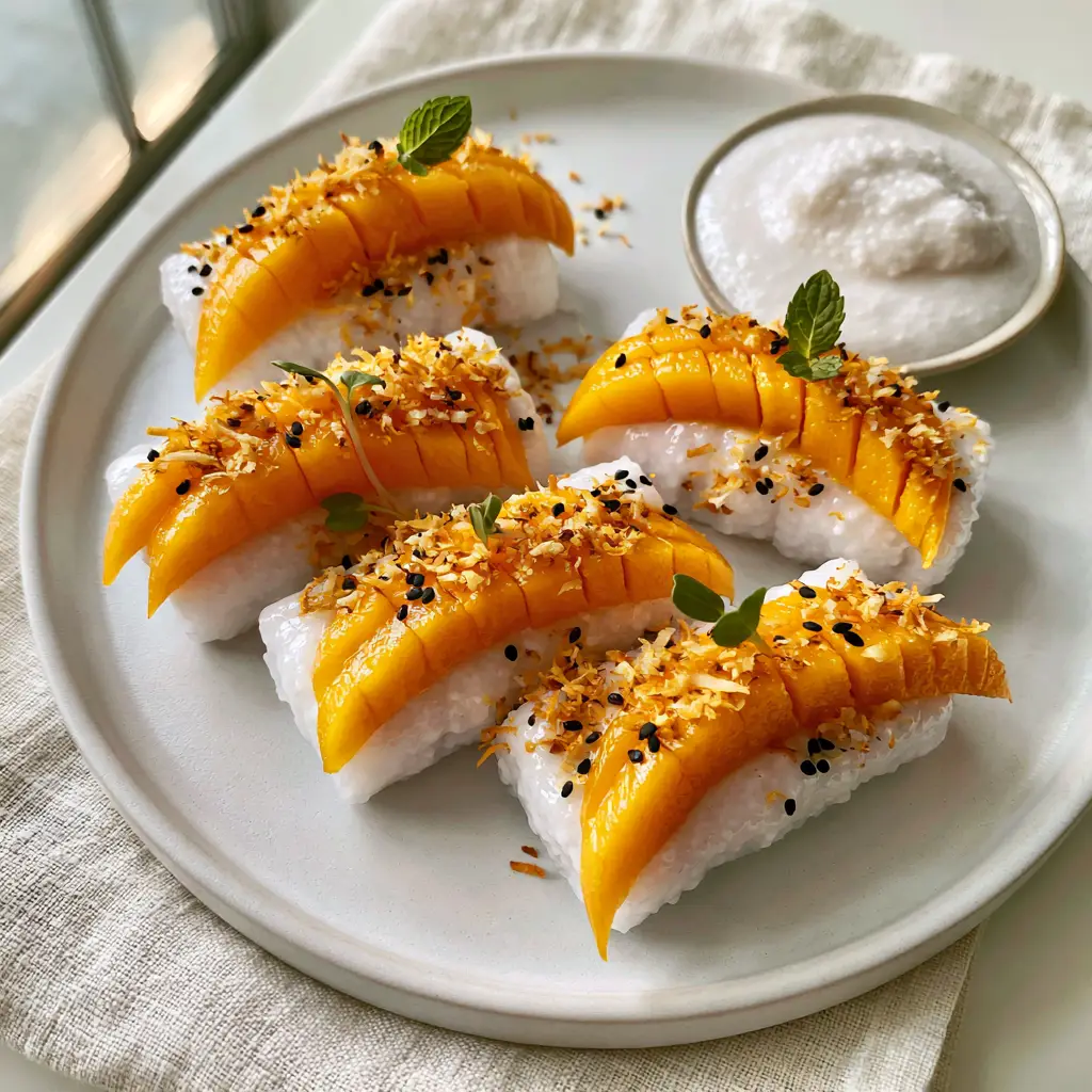 Mango-Coconut Sushi Bites: A 10-Minute Gourmet Tropical Dessert 2 Close-up of glossy white glutinous rice topped with a vibrant orange mango ribbon and black sesame seeds. (mango-coconut sushi bites)