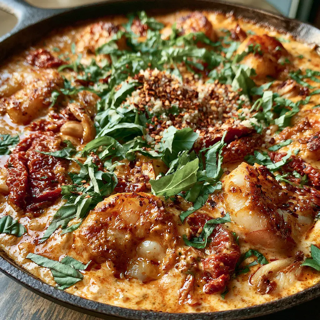 Visual blueprint of Marry Me Shrimp featuring softened garlic slivers and generous chunks of sun-dried tomatoes in a cast iron skillet.