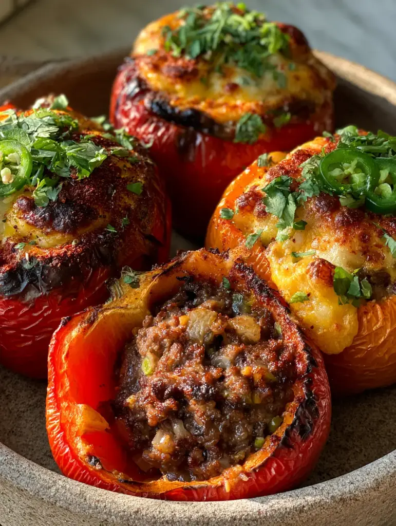 High-angle shot of three stuffed bell peppers standing upright with golden-brown toasted cheddar peaks and fresh jalapeño garnishes.