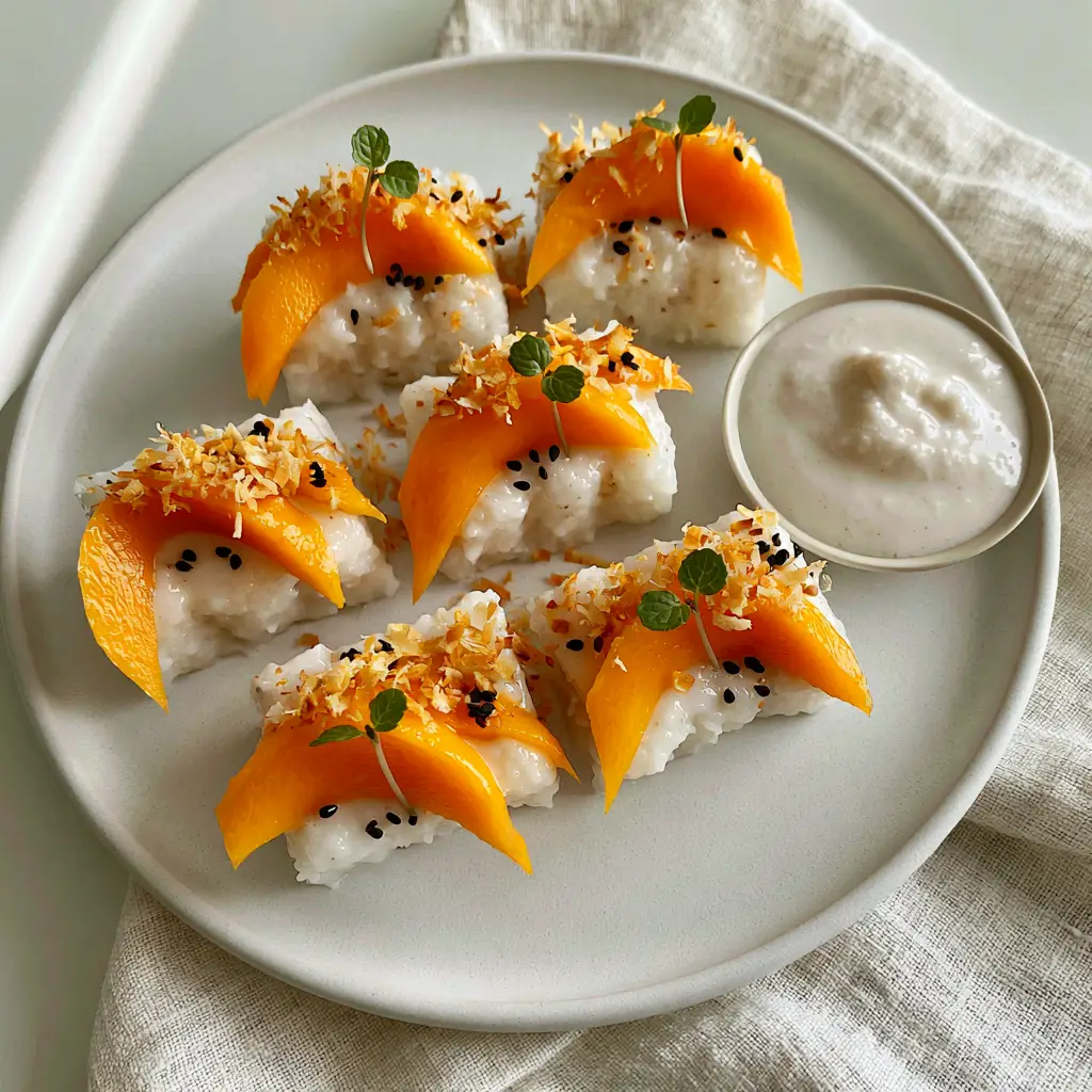 Mango-Coconut Sushi Bites: A 10-Minute Gourmet Tropical Dessert 1 Top-down handheld smartphone photo showing the minimalist platter of mango-coconut sushi bites with toasted coconut flakes.