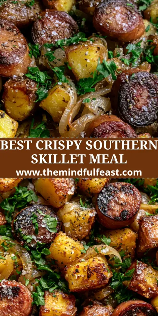 Fried Potatoes, Onions, and Smoked Polish Sausage in a Cast Iron Skillet 4 Top-down view of a cast iron skillet filled with extra-crispy Fried Potatoes, Onions, and Smoked Polish Sausage garnished with parsley.