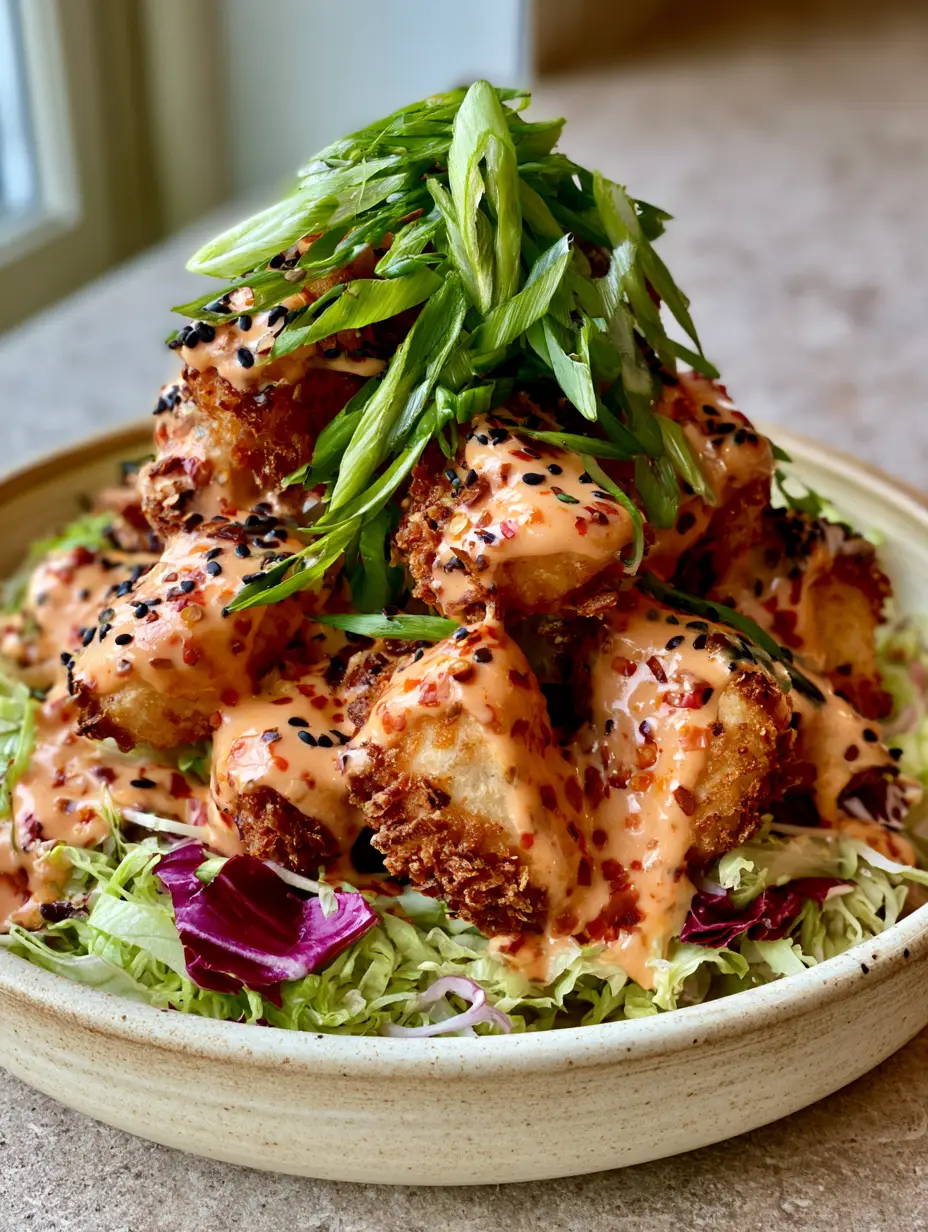 Close up view of air-fried panko-breaded chicken chunks heavily coated in glossy coral-pink sriracha mayo.