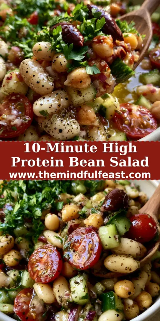 Cold Bean Salad with Zesty Lemon Vinaigrette and Mediterranean Herbs 3 A top-down photo of a vibrant cold bean salad in a white bowl, featuring cannellini beans, chickpeas, and fresh Mediterranean vegetables with a wooden spoon.