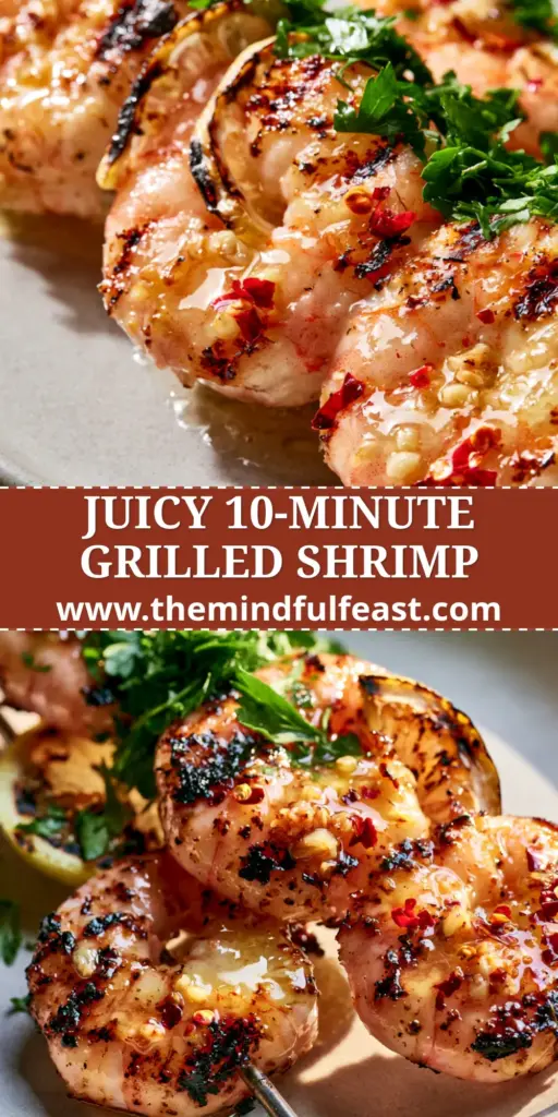 Grilled Shrimp Marinade: The Ultimate Recipe for Juicy Garlic Butter Jumbo Shrimp 4 Three skewers of grilled jumbo shrimp with dark char marks and a glistening garlic butter glaze on a grey plate. (grilled shrimp marinade)