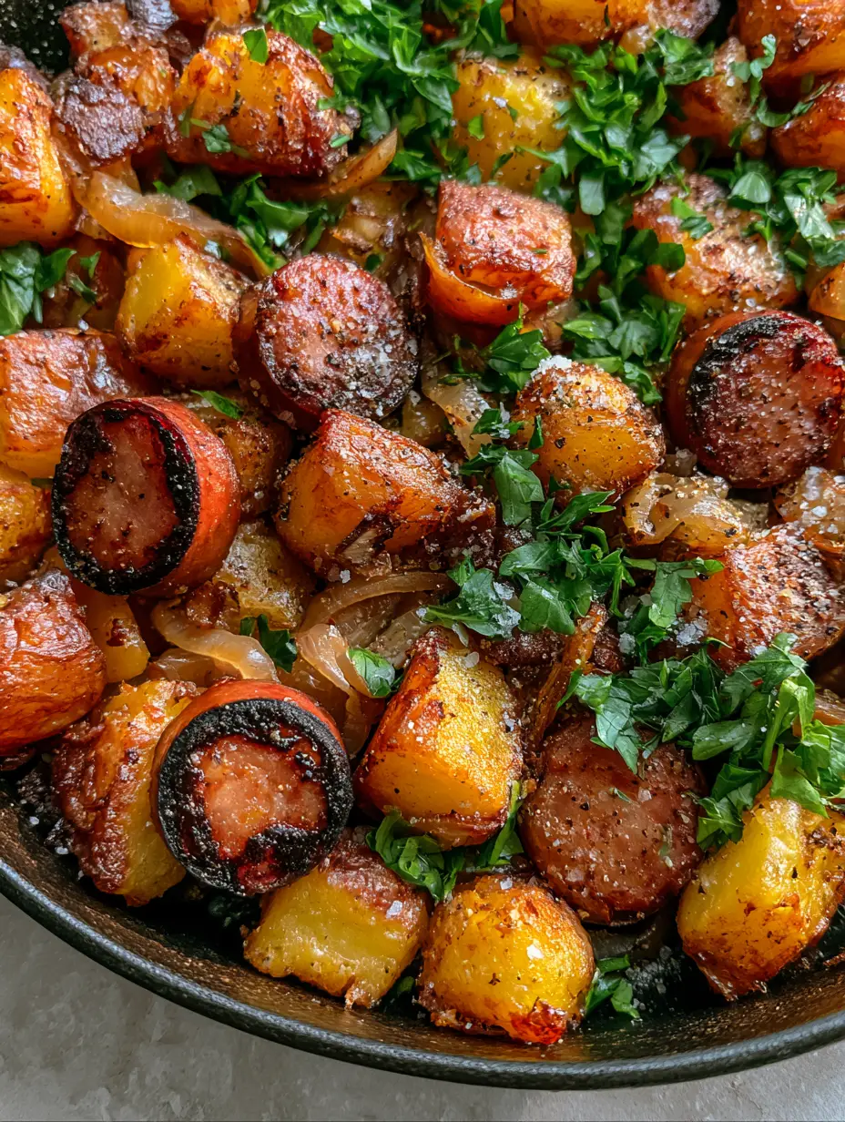 Fried Potatoes, Onions, and Smoked Polish Sausage in a Cast Iron Skillet 3 Extreme close-up of shattered crispy Yukon Gold potatoes and caramelized kielbasa in a black skillet. (Fried Potatoes, Onions, and Smoked Polish Sausage)